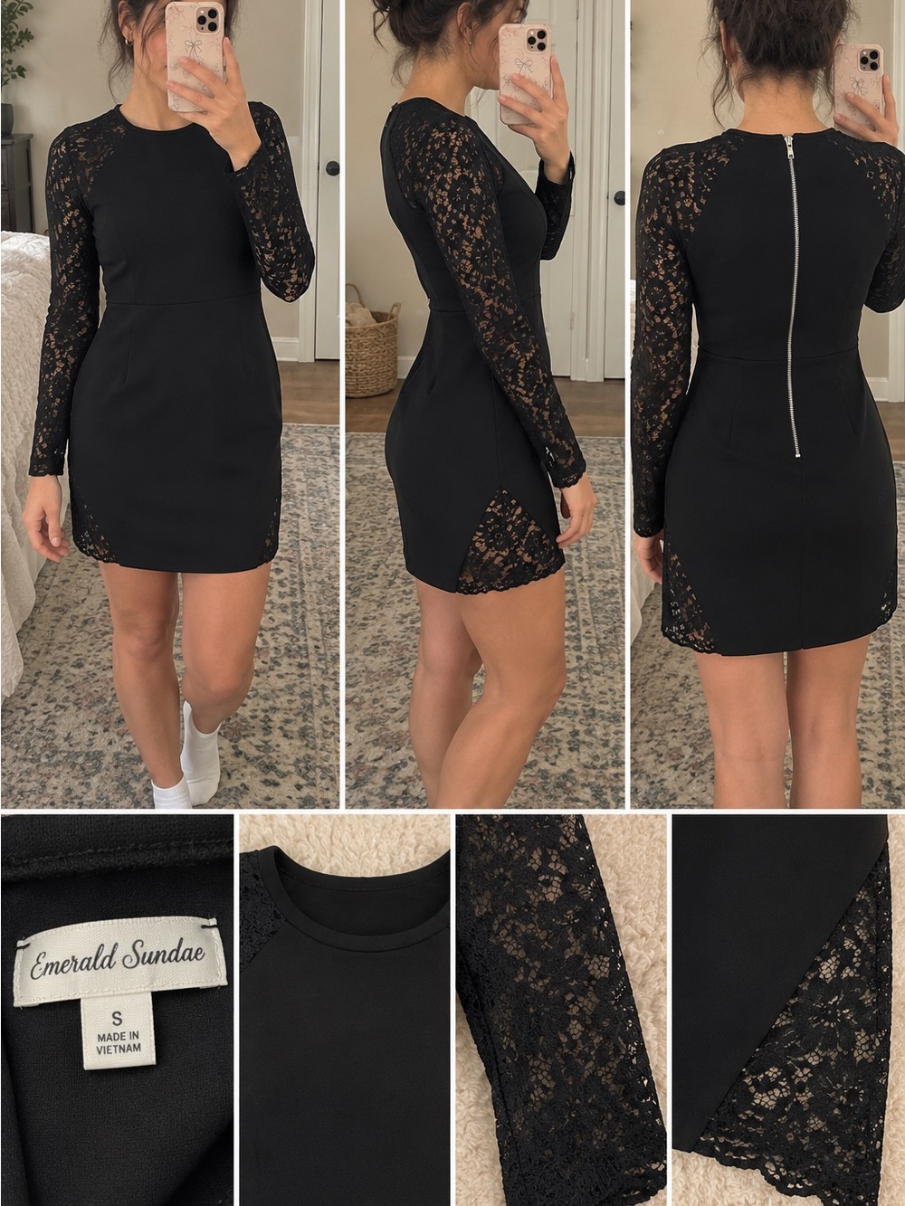 Emerald Sundae Black Lace Long-Sleeve Mini Dress